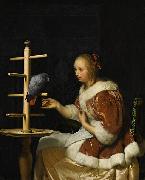 Frans van Mieris A Young Woman in a Red Jacket Feeding a Parrot oil painting